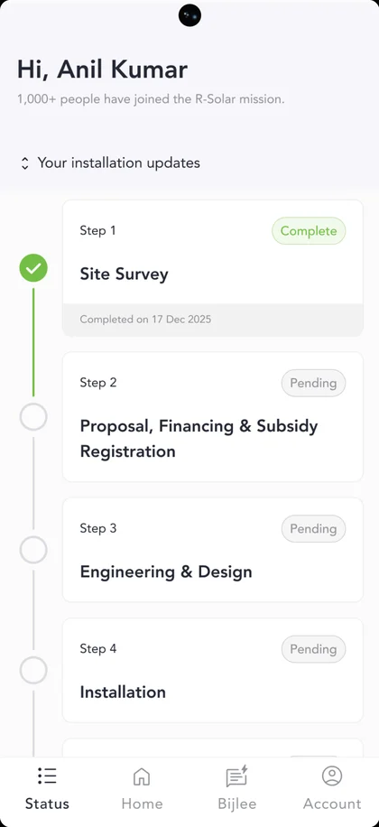 r-solar Connect installation tracker showing site survey complete and later steps pending