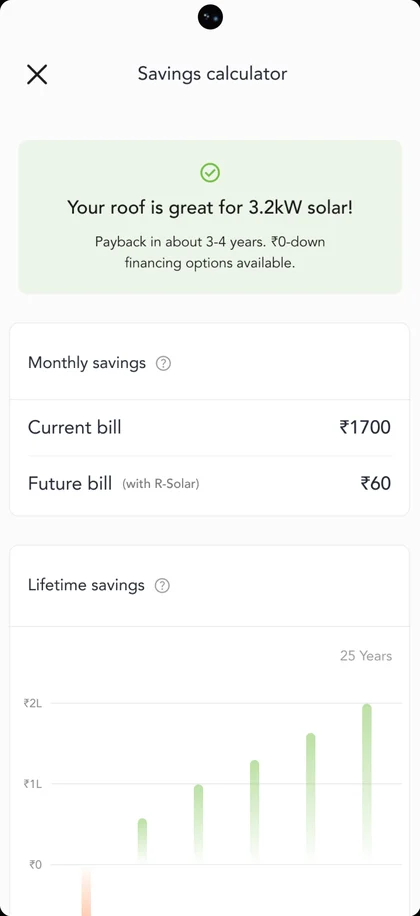 r-solar Connect savings calculator showing a 3.2kW system recommendation and monthly bill comparison