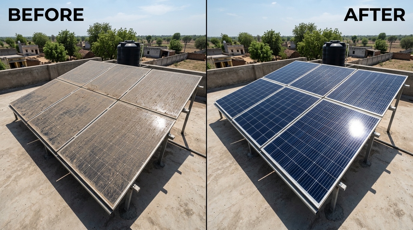 Before and after solar panel cleaning — rooftop installation in Madhya Pradesh