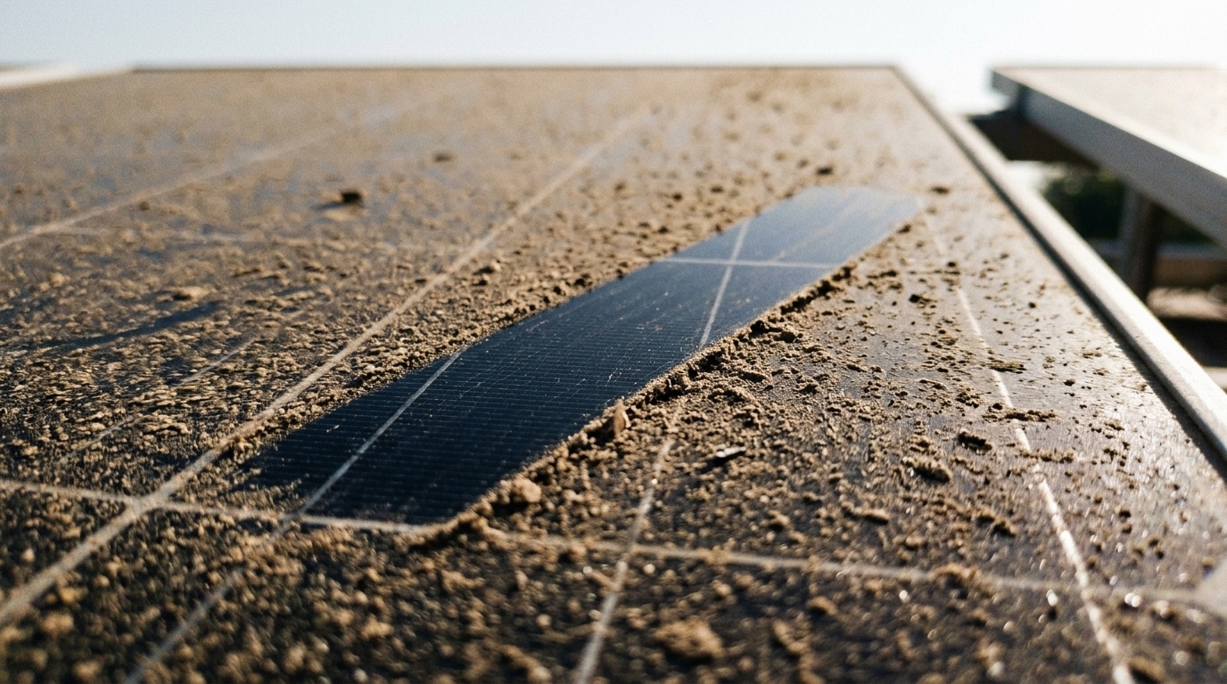 Extreme close-up of solar panel surface covered in fine dust — showing clean streak where dust is removed