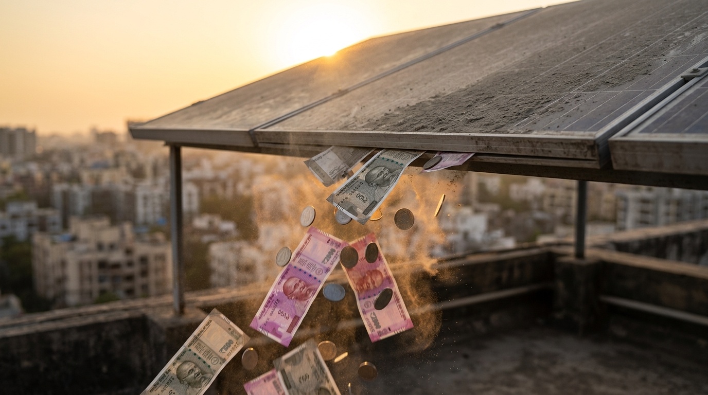 Rupee notes falling from dusty solar panel — the hidden cost of not cleaning