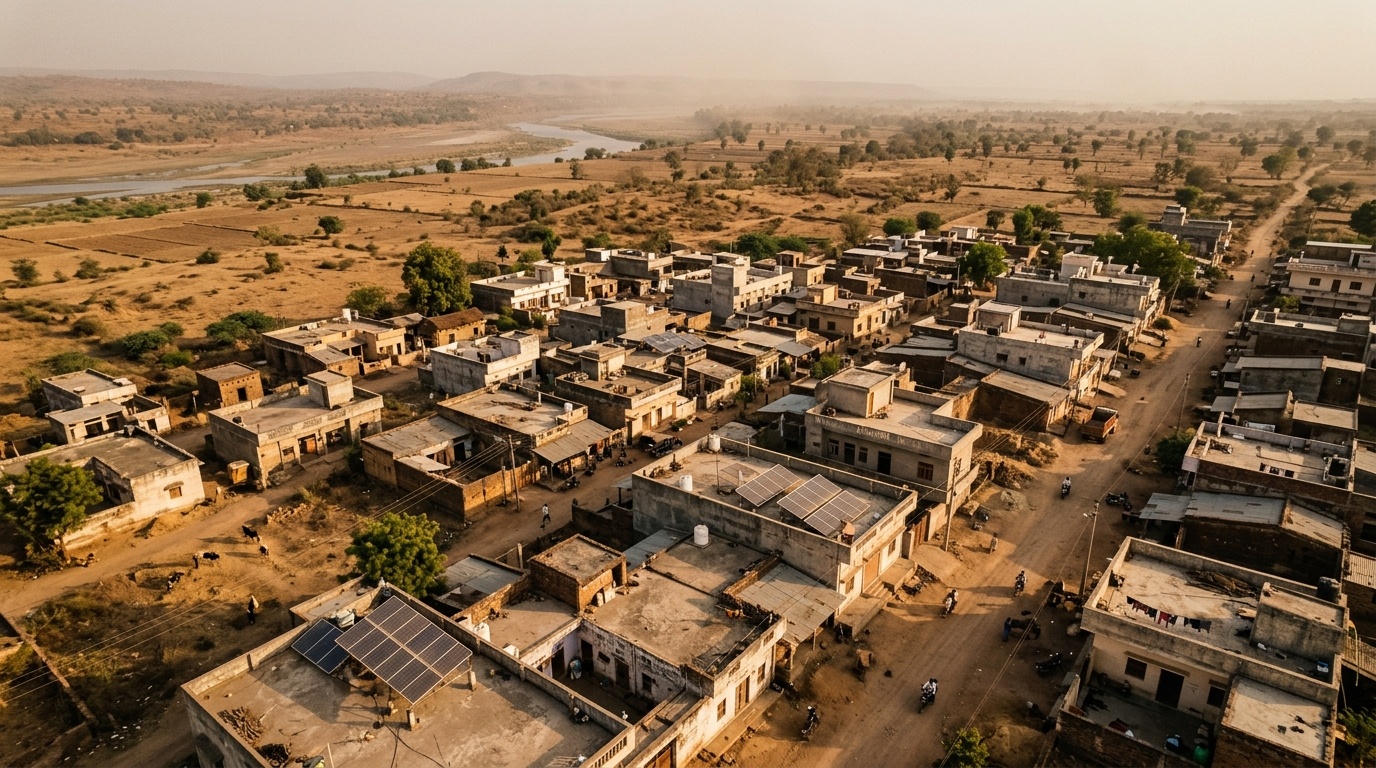 Aerial view of Madhya Pradesh town with rooftop solar panels in dusty landscape