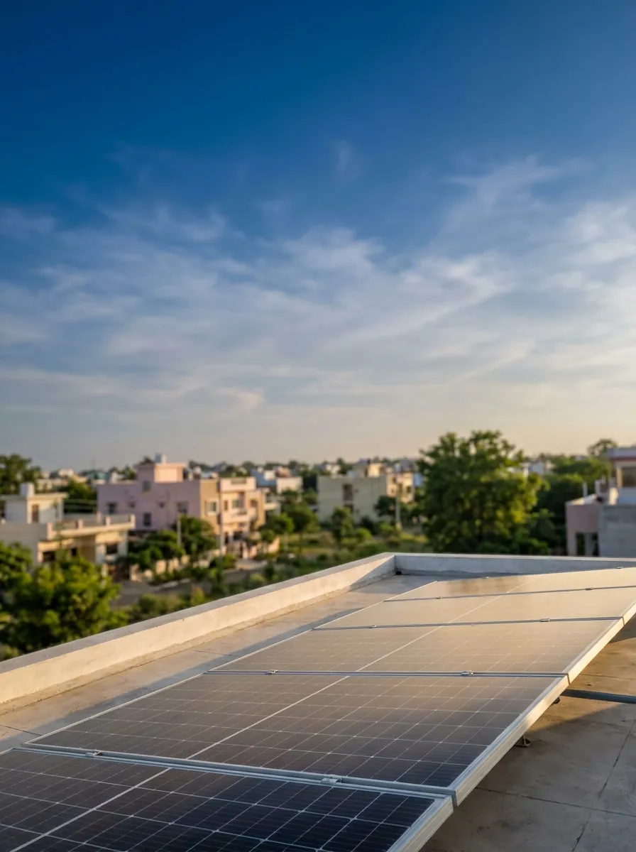 Rooftop solar panels on a Madhya Pradesh home at golden hour