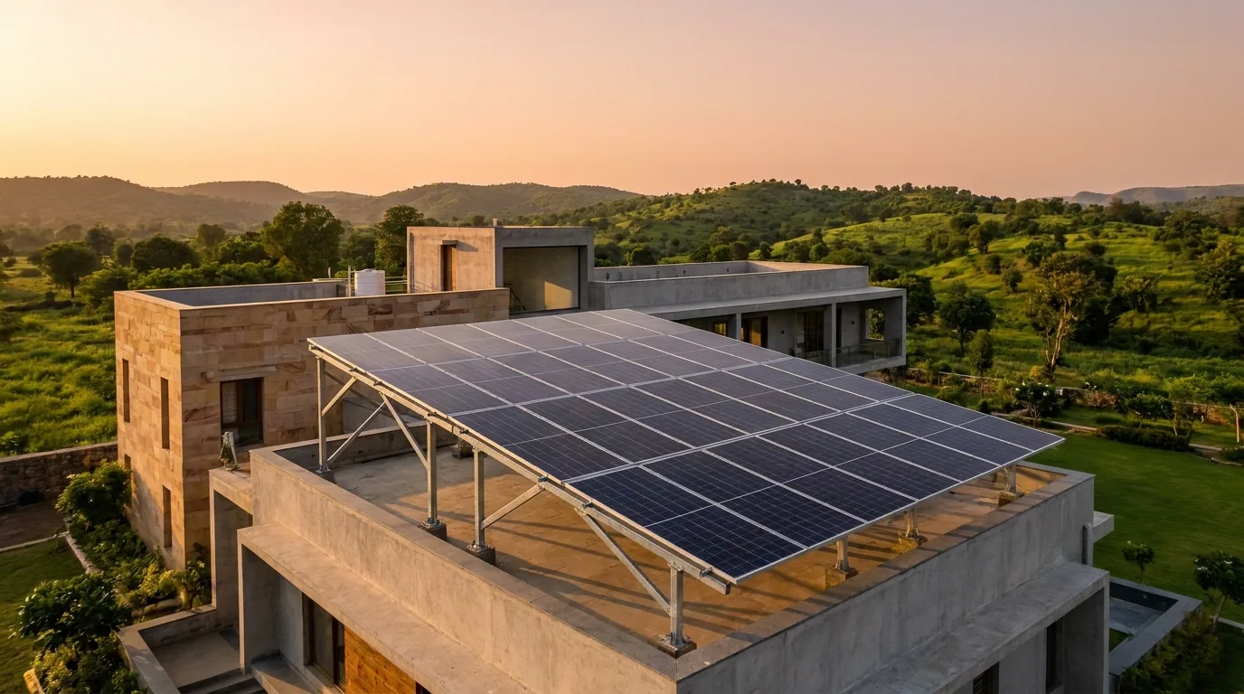 10 kW rooftop solar system on a large Indian villa with 18 panels