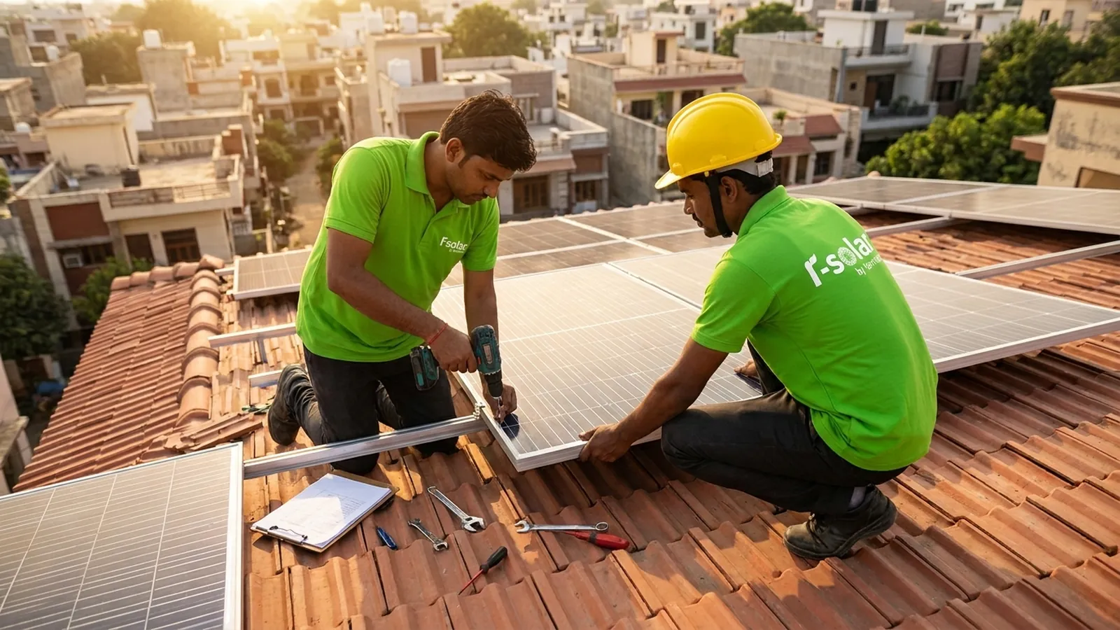 r-solar installers fitting rooftop solar panels