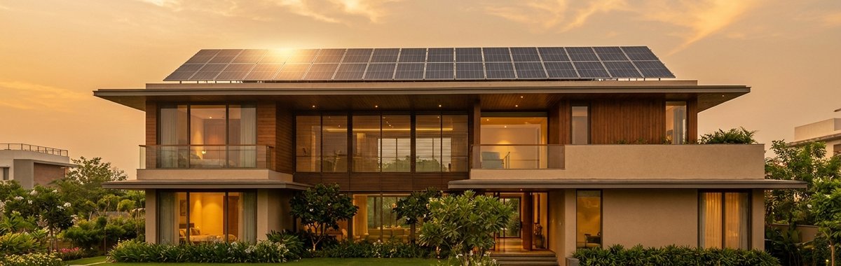 A modern Indian home with a rooftop solar array at golden hour, financed through a PM Surya Ghar bank loan