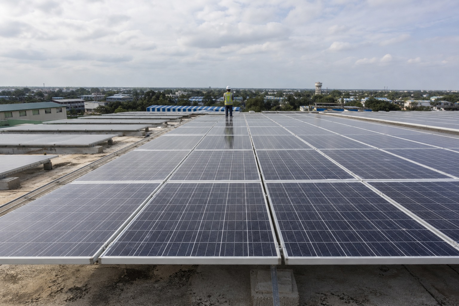 Large rooftop solar array on an industrial building in Madhya Pradesh