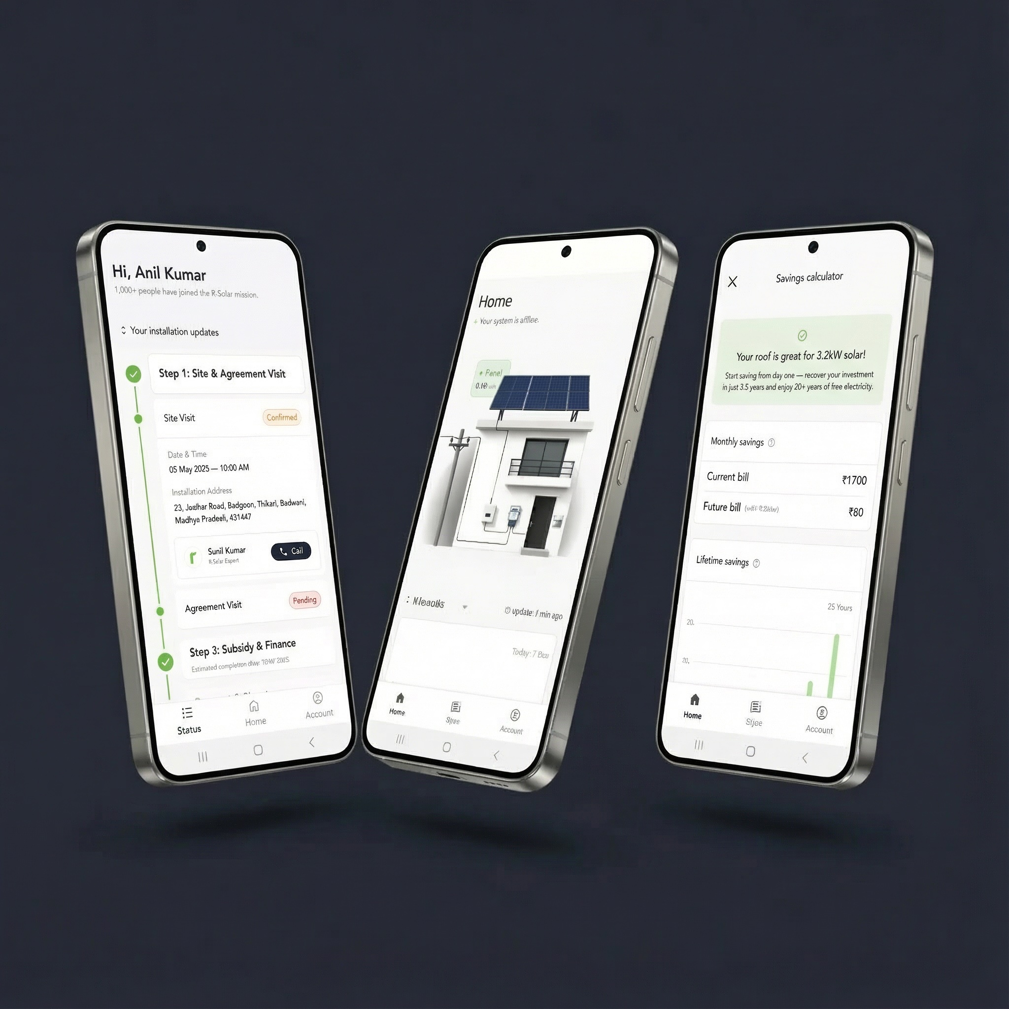 R-Solar Connect mobile app showing installation tracking, home monitoring and savings calculator screens